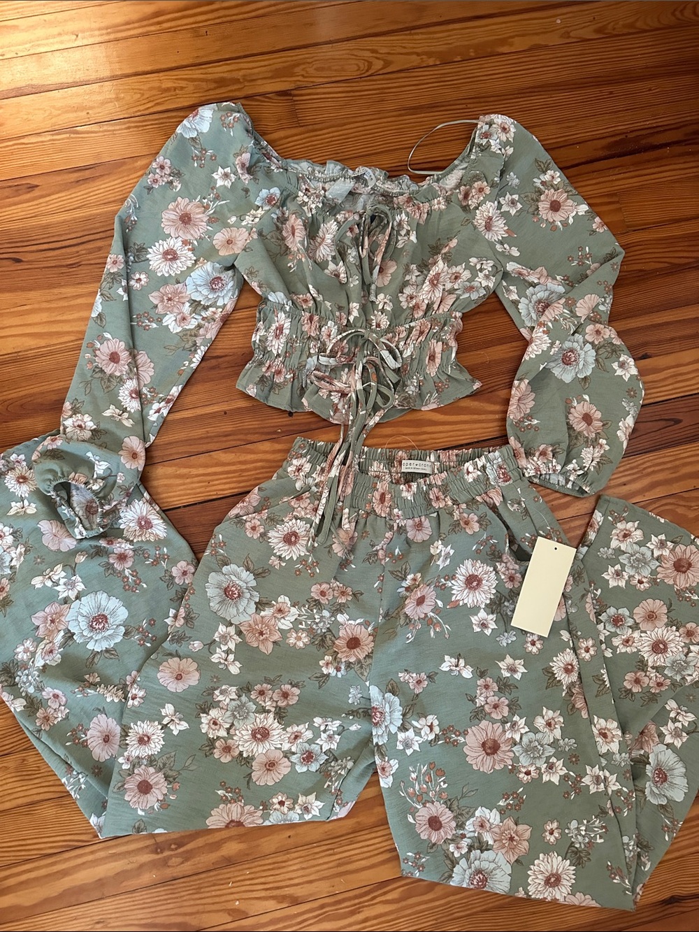 Two piece lounge set, off shoulder floral sage green crop top with wide leg pant